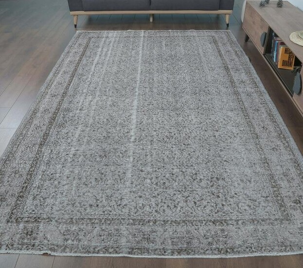 7x10 GRAY Turkish Vintage Carpet, Oushak Handmade Wool