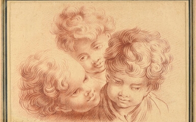 80 BOUCHER François (Ecole de) (1703-1770) Trois têtes d enfants Sanguine. Collé sur feuille (petites...
