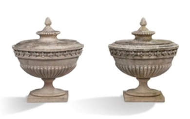 A PAIR OF ARTIFICIAL COADE STONE URNS, EARLY 19TH CENTURY AND LATER