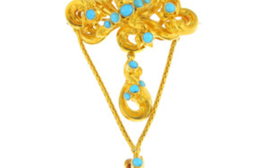 An early Victorian gold turquoise sentimental brooch. View more details