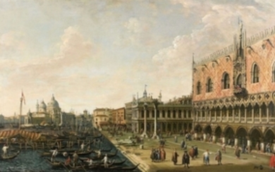 Ecole italienne de la première partie du XIXe siècle Vue de la Piazzetta et du palais des Doges vers la Salute et Le pont du Rialto du côté sud