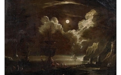 Genoese school circa 1700, A Mediterranean harbor in moonlight, canvas...