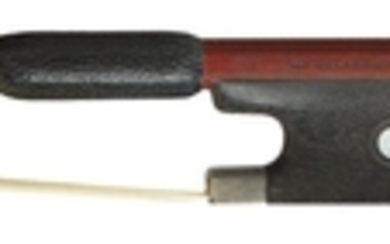 German Silver-Mounted Violin Bow - The octagonal stick stamped ROLAND G PENZEL at the butt, the ebony frog with parisian eye, the silver and ebony adjuster with pearl inlay, weight 59.2 grams.