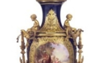 A MONUMENTAL ORMOLU-MOUNTED SEVRES STYLE PORCELAIN COBALT-BLUE GROUND VASE AND COVER, LATE 19TH CENTURY, SPURIOUS BLUE INTERLACED L'S MARK, SIGNED G. POITVEIN
