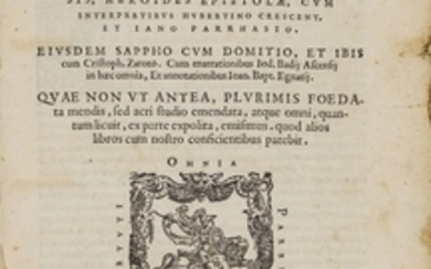 Ovidio Nasone, Publio HEROIDES EPISTOLAE, CUM INTERPRETIBUS HUBERTINO CRESCENT. ET IANO PARRHASIO, 1560