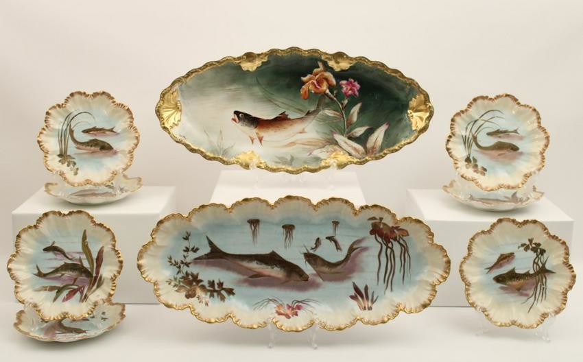 9 PC. FRENCH HAND PAINTED LIMOGES FISH SERVICE