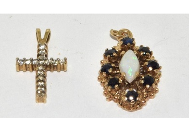 9ct gold Opal and Sapphire pendant with a gold cross
