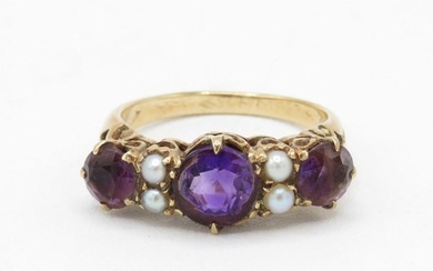 9ct gold antique amethyst three stone ring with seed pearl d...