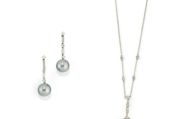 A 18K white gold, diamond and Tahiti cultured pearl necklace and earrings
