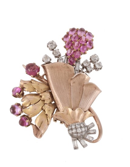 A 1950s pink sapphire and diamond floral spray brooch