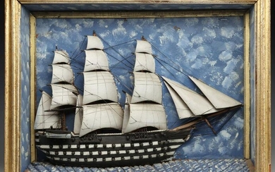 A 19TH C. DIORAMA WITH ARMED SHIP HAVING 54 CANNONS