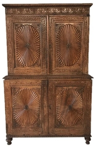 A 19TH CENTURY ANGLO-INDIAN CARVED PADOUK WOOD LINEN PRESS ...
