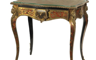 A 19TH CENTURY FRENCH TORTOISESHELL BOULLE SERPENTINE SHAPED TABLE...