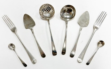 A 64-piece set of George III 18th century silver flatware with 29 additions
