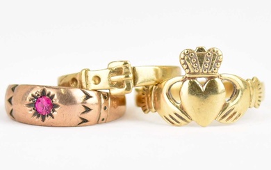 A 9ct gold Claddagh ring, size R, a 9ct gold...