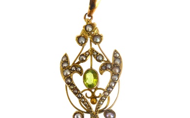 A 9ct gold Edwardian peridot and seed pearl pendant, length...