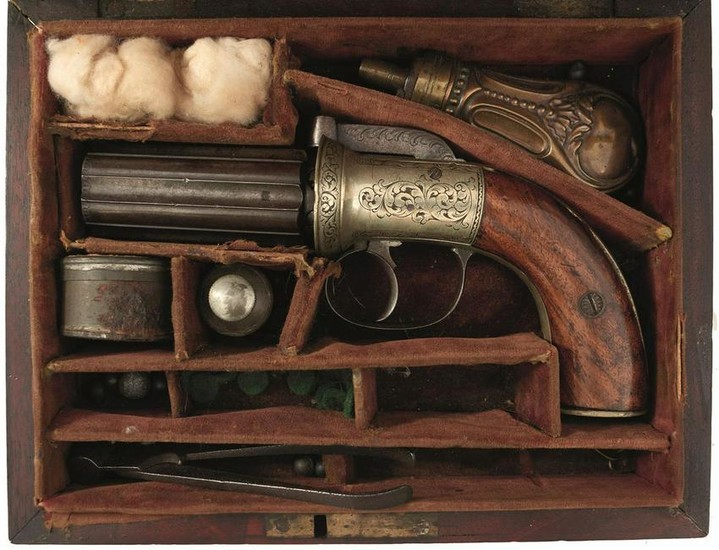 A CASED SMALL-BORE SIX-SHOT PERCUSSION PEPPERBOX