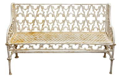 A CAST IRON GOTHIC REVIVAL COALBROOKDALE STYLE WHITE PAINTED GARDEN BENCH, 19TH CENTURY