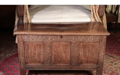A CHARLES II OAK JOINED COFFER the plain lid with a moulded...