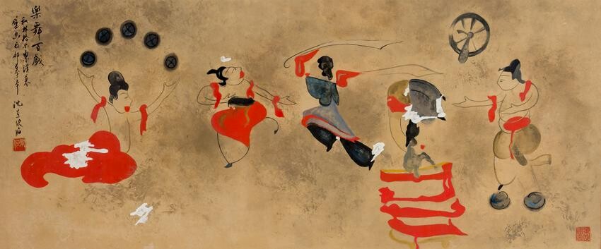 A CHINESE PAINTING OF DANCERS AND ACROBATS AFTER