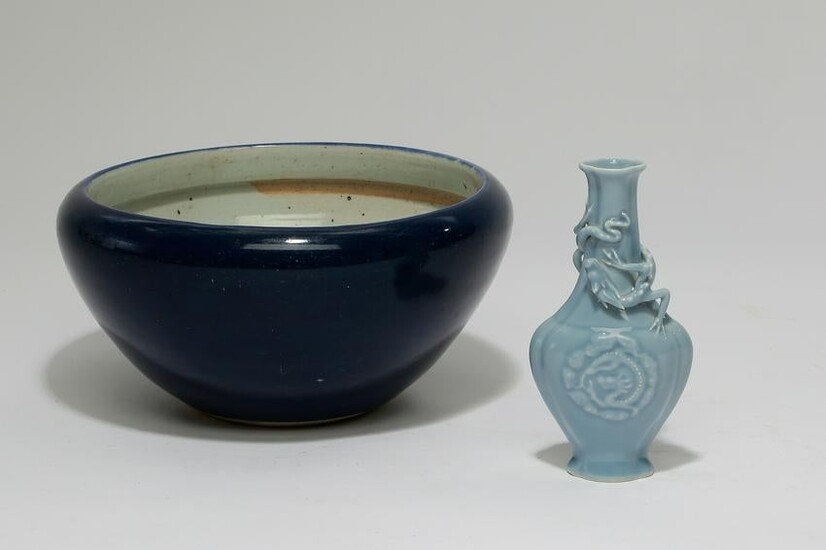 A Chinese blue vase and a blue bowl