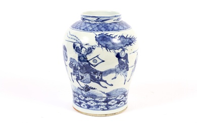 A Chinese porcelain Qing Dynasty blue and white baluster Warrior vase. Painted with a continuous scene of warriors on horseback and carrying spears, shields and swords, within cloud and hatched pattern borders (hairline cracks to base), 27.5cm high