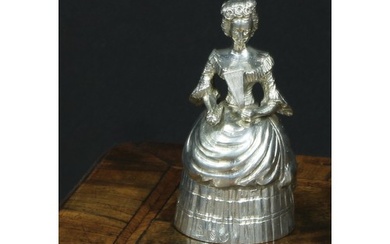 A Continental silver novelty table bell, cast as a lady of t...