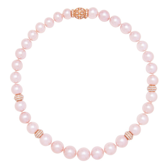 A Cultured Pearl, Diamond and Pink Gold Necklace