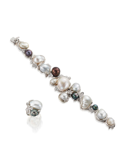 A Cultured Pearl and Diamond Bracelet and Ring Suite,, by Julia Plana
