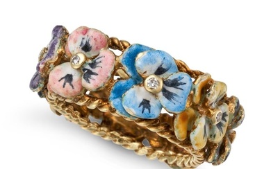 A DIAMOND AND ENAMEL PANSY RING set all around with pansy motifs relieved variously in pink, yellow