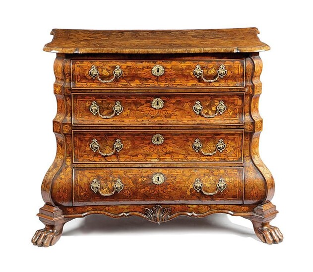 A DUTCH WALNUT AND MARQUETRY CHEST LATE 18TH / EARLY 19TH CENTURY of bombe form,...