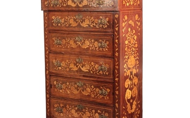 A DUTCH WALNUT AND MARQUETRY TALL CHEST OF DRAWERS 19th cen...