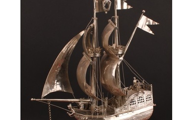 A Dutch silver nef, typically cast and wrought as a two-mast...