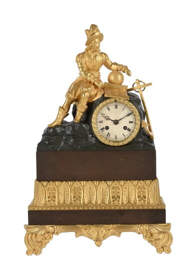 A FRENCH LOUIS PHILIPPE GILT AND PATINATED BRONZE FIGURAL MANTEL CLOCK