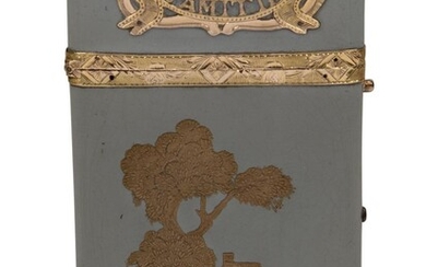 A French gold-mounted lacquer carnet-de-bal, late 18th century, with chased mounts, decorated to front and back with a house in a wooded landscape, with applied SOUVENIR D'AMITIE mounts, the interior with pencil holder, lacking aide-memoire, 8.6cm...
