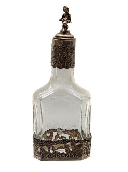 A GERMAN SILVER AND ETCHED-GLASS WINE DECANTER. 19TH C.