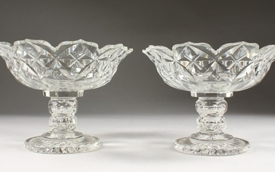 A GOOD HEAVY PAIR OF CUT GLASS COMPORTS.