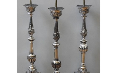 A GROUP OF THREE SILVER PLATED ALTAR CANDLE STANDS, 19TH CEN...