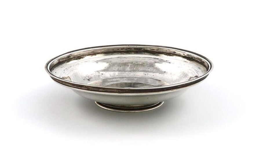 A George II silver sugar bowl / chalice cover, maker~s mark partially worn, I?, London 1738, circular form, engraved ~Ex dono M.B I.R~ with a flower between, diameter 11.7cm, approx. weight 2.9oz.