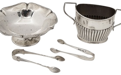 A George V silver pedestal bonbon dish, a sugar basin and sugar tongs