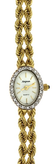 A Gold Lady's Wristwatch by Avignon . BMC 14 carat case. Quartz and diamond bezel. 14 carat ba...