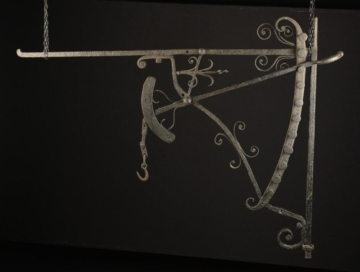 A Good, Early 19th Century Wrought Iron Adjustable Chinmey Crane with decorative scroll work, 102 cm