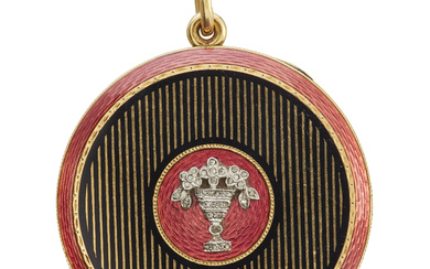 A JEWELED, GUILLOCHÉ AND CHAMPLEVÉ ENAMEL GOLD COMPACT BY FABERGÉ,...