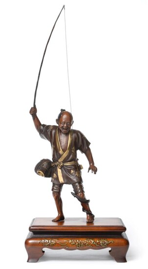 A Japanese Gilt and Patinated Bronze Figure of a Fisherman, Meiji period, in the manner of...