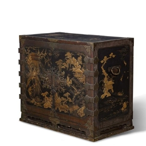 A Japanese brass mounted black lacquered cabinet