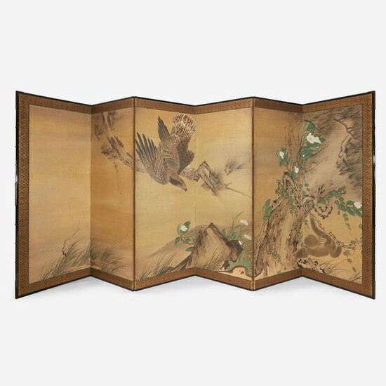 A Japanese six-panel "Eagle and Monkey" screen