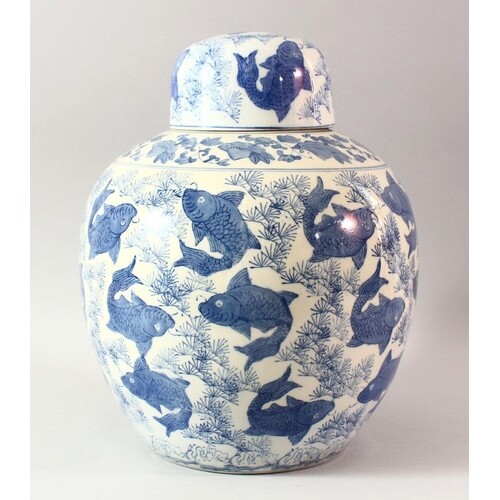 A LARGE CHINESE BLUE AND WHITE PORCELAIN JAR AND COVER, prof...