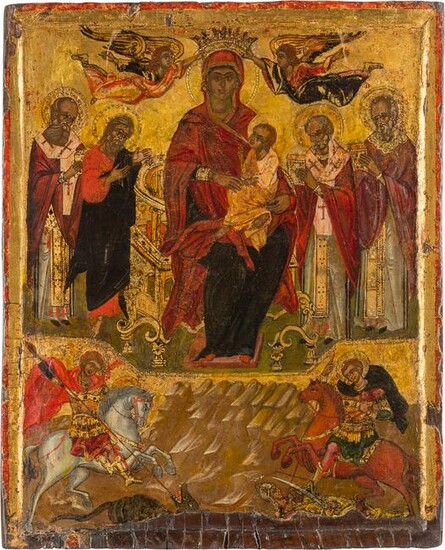 A LARGE ICON SHOWING THE ENTHRONED MOTHER OF GOD AND