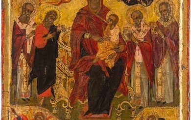 A LARGE ICON SHOWING THE ENTHRONED MOTHER OF GOD AND...