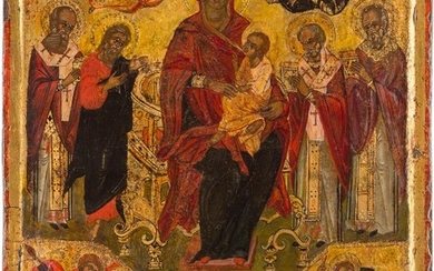 A LARGE ICON SHOWING THE ENTHRONED MOTHER OF GOD...